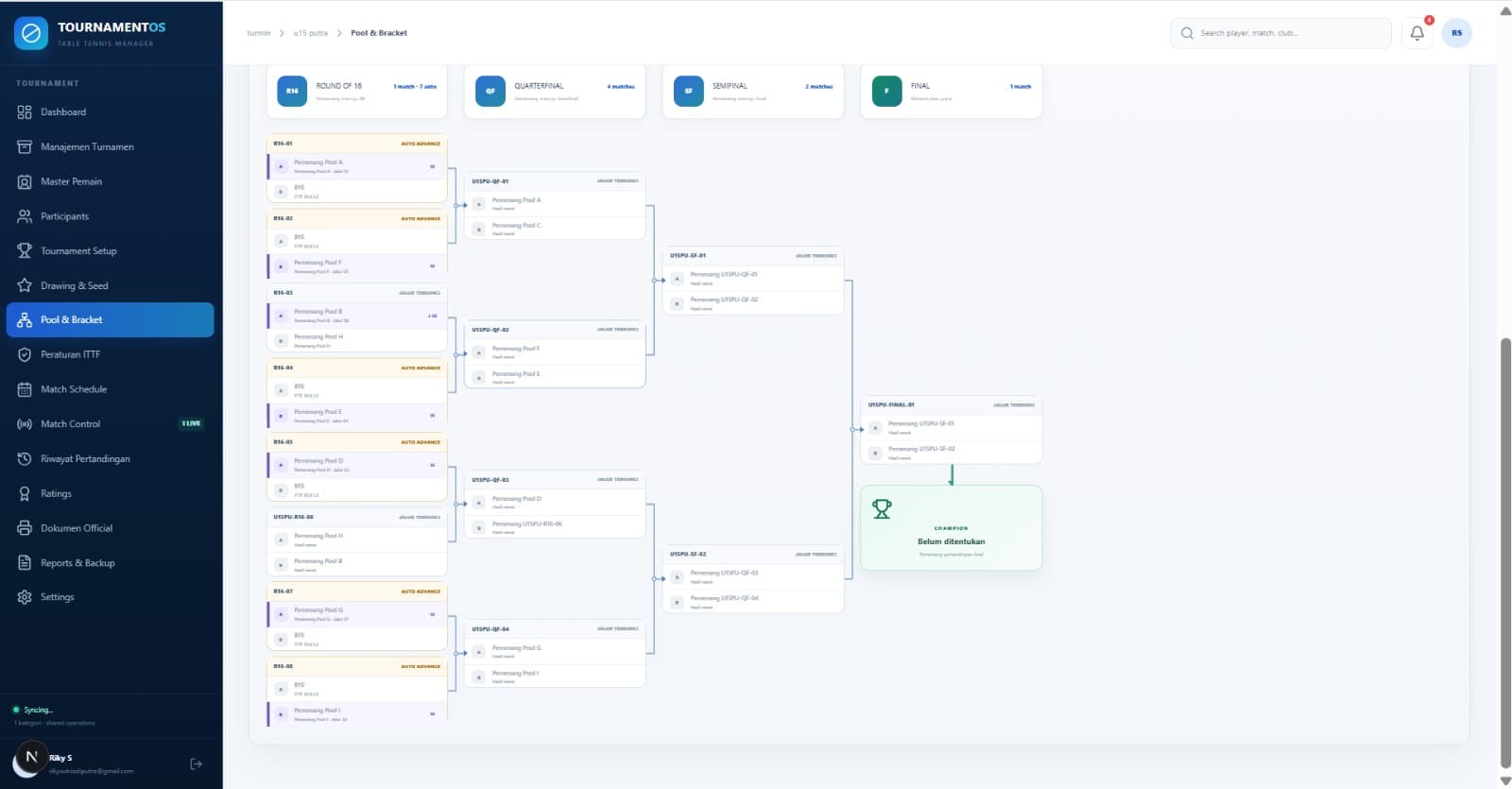 Tampilan Pool & Bracket dengan klasemen pool otomatis