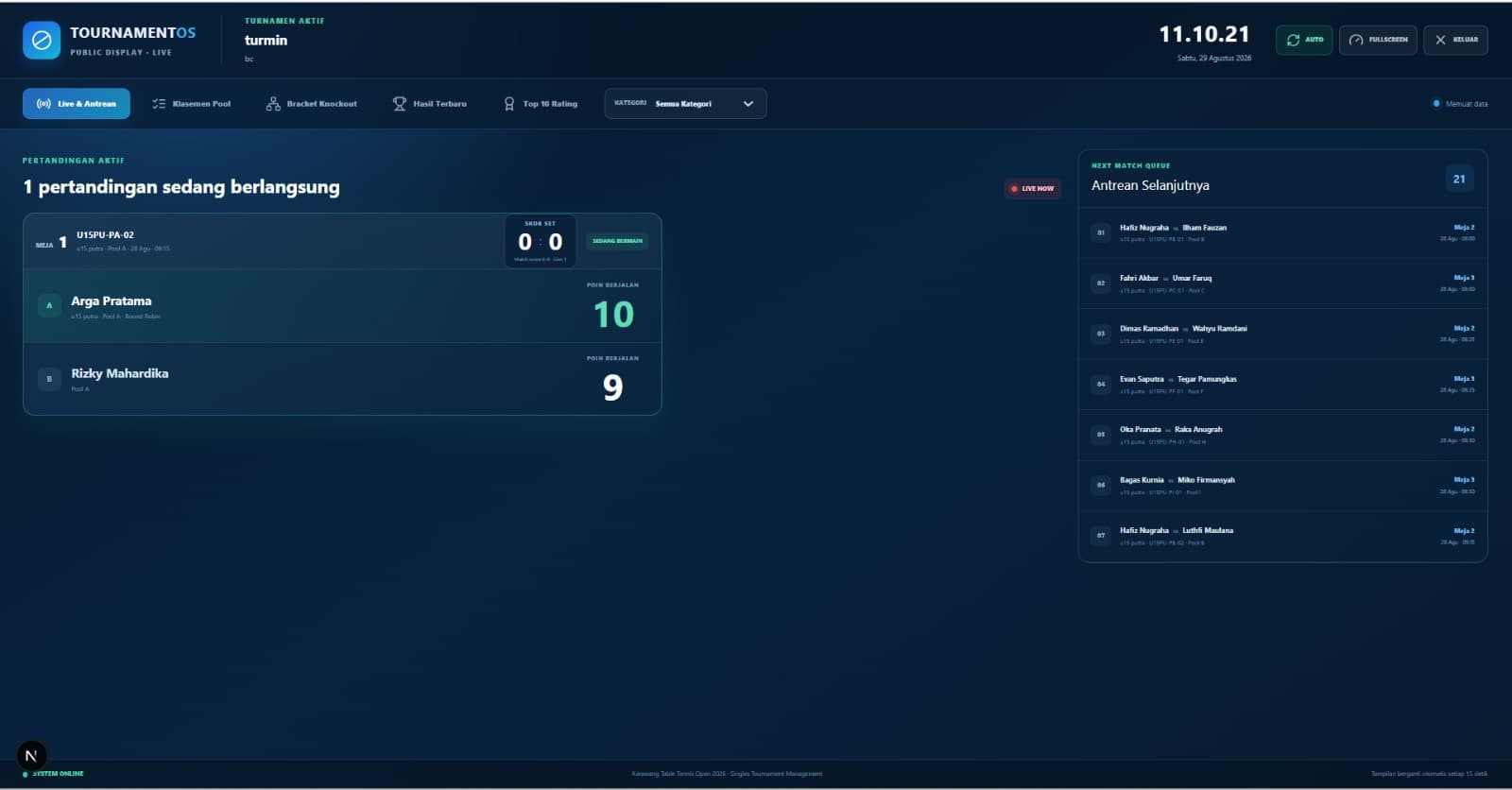 Tampilan Public Display dengan pertandingan live dan antrean