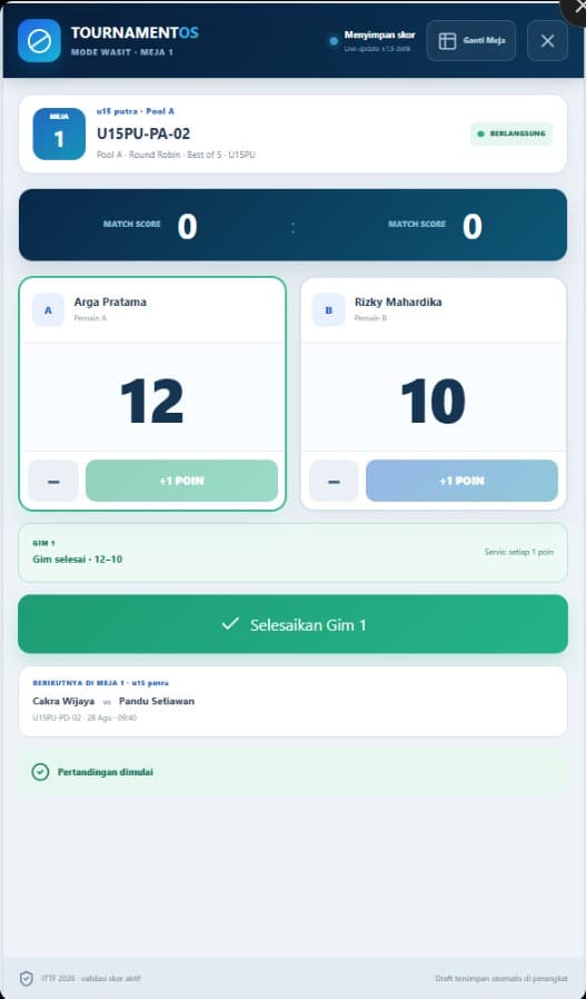 Tampilan Mode Wasit Mobile untuk input skor live